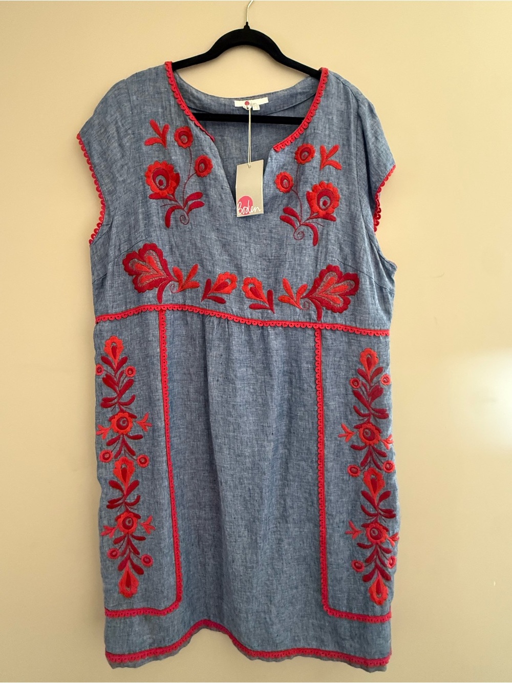 Boden Blue Shift Dress with Red Floral Embroidery.